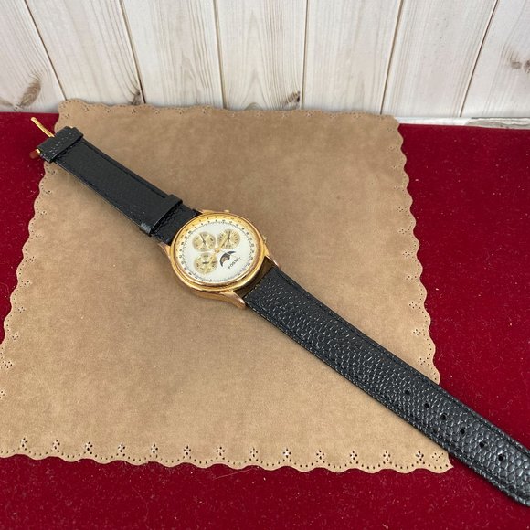 Vintage Fossil Quartz Moon Phase Chronograph Wrist Watch 9 inch Black Strap - Picture 5 of 8